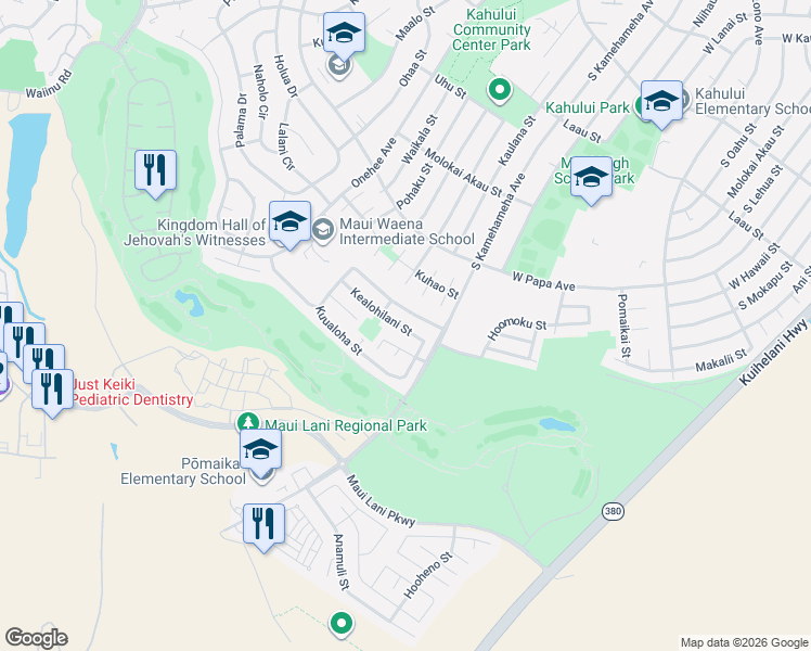 map of restaurants, bars, coffee shops, grocery stores, and more near 52 Kealohilani Street in Kahului