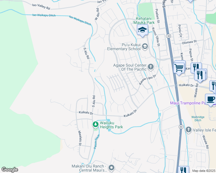 map of restaurants, bars, coffee shops, grocery stores, and more near 0 Kauna Lipo Drive in Wailuku