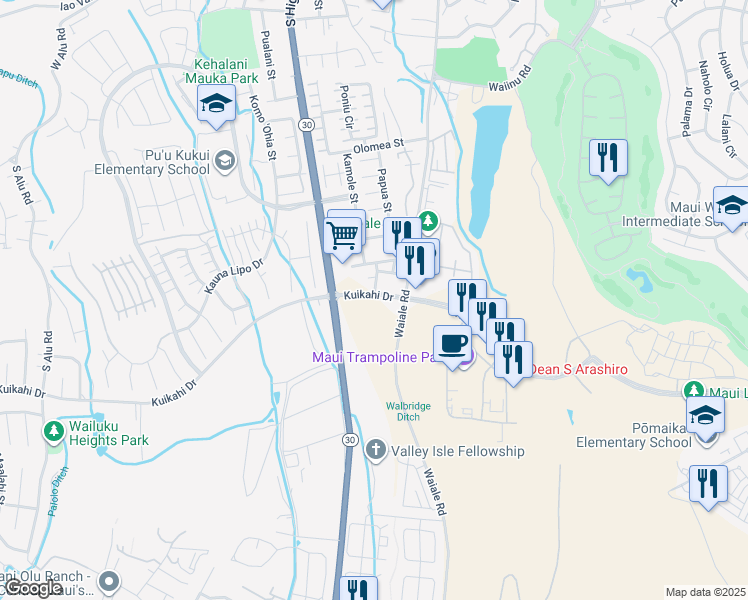 map of restaurants, bars, coffee shops, grocery stores, and more near 195 Kehalani Village Drive in Wailuku