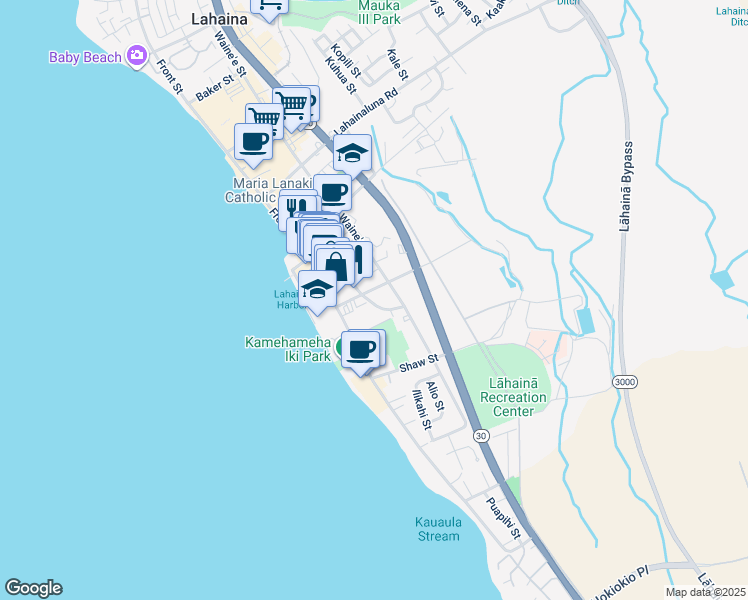 map of restaurants, bars, coffee shops, grocery stores, and more near 168 Prison Street in Lahaina