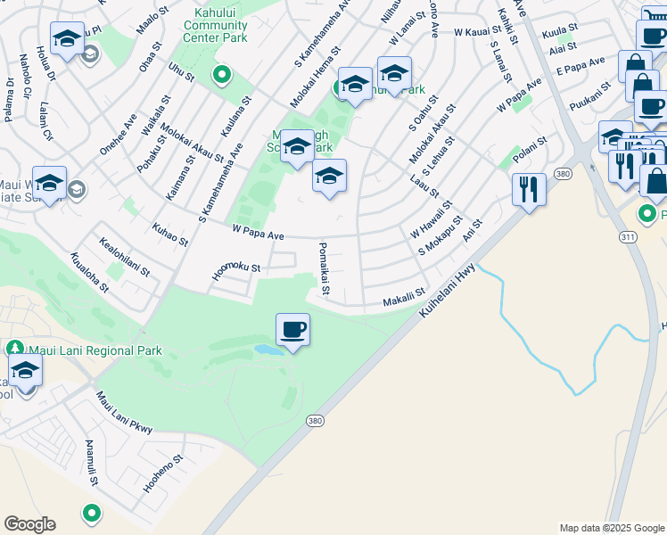 map of restaurants, bars, coffee shops, grocery stores, and more near 458 Poheoheo Place in Kahului