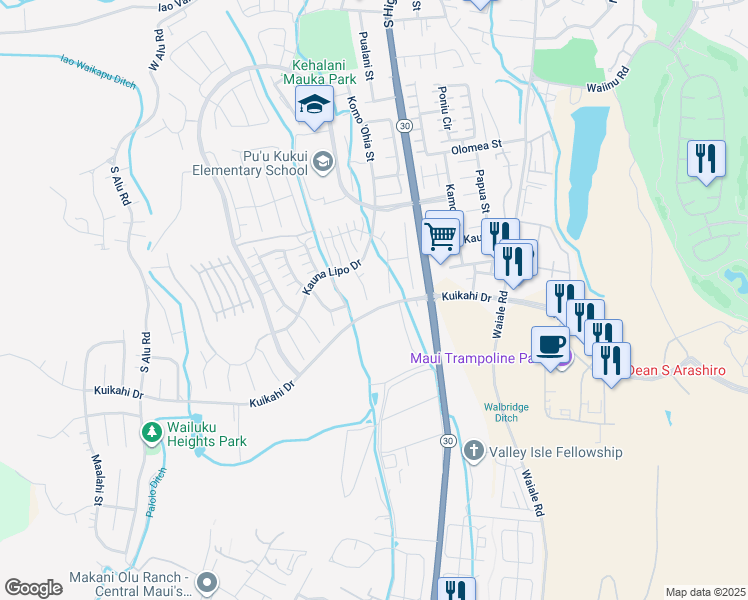 map of restaurants, bars, coffee shops, grocery stores, and more near 14 Kumulipo Place in Wailuku