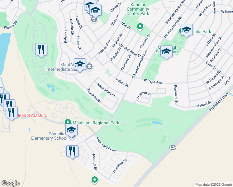 map of restaurants, bars, coffee shops, grocery stores, and more near 352 Kuualoha Street in Kahului
