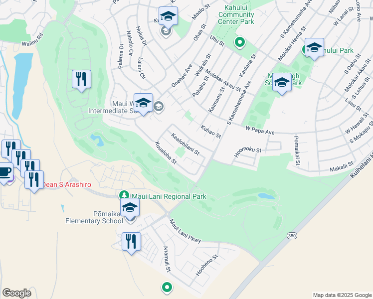 map of restaurants, bars, coffee shops, grocery stores, and more near 77 Kealohilani Street in Kahului