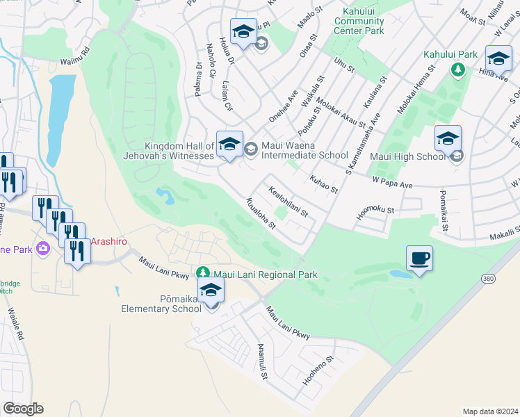 map of restaurants, bars, coffee shops, grocery stores, and more near 150 Kuualoha Street in Kahului