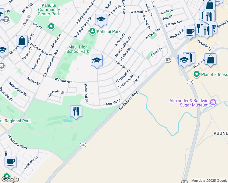 map of restaurants, bars, coffee shops, grocery stores, and more near 367 South Mokapu Street in Kahului