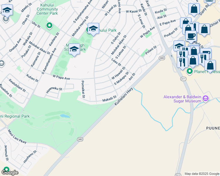 map of restaurants, bars, coffee shops, grocery stores, and more near 367 South Mokapu Street in Kahului
