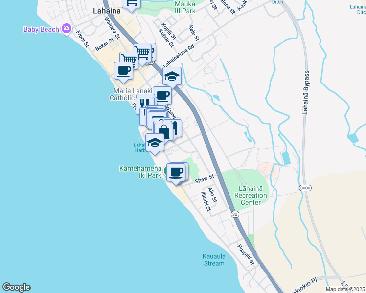 map of restaurants, bars, coffee shops, grocery stores, and more near 168 Prison Street in Lahaina