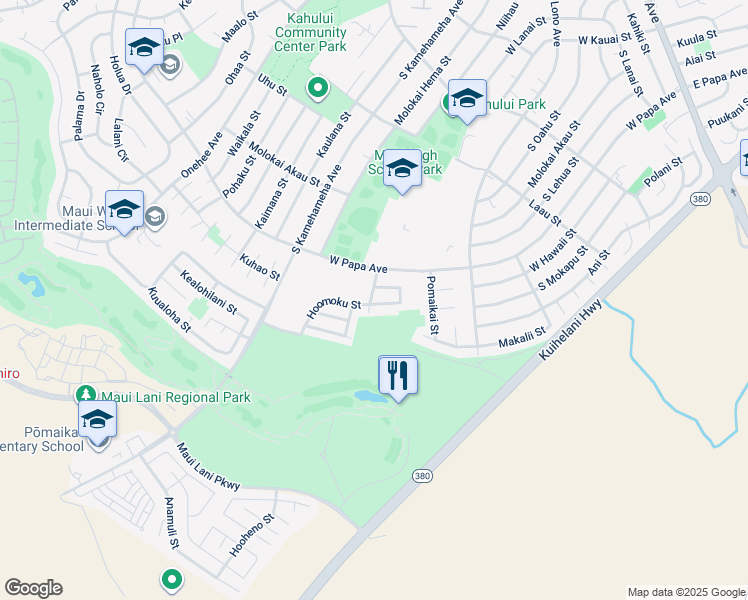 map of restaurants, bars, coffee shops, grocery stores, and more near 94 Hoomoku Loop in Kahului