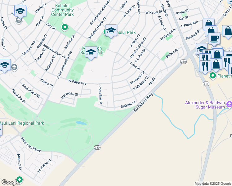 map of restaurants, bars, coffee shops, grocery stores, and more near 426 South Mokapu Street in Kahului