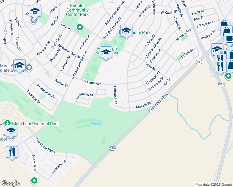 map of restaurants, bars, coffee shops, grocery stores, and more near 755 Pomaikai Street in Kahului