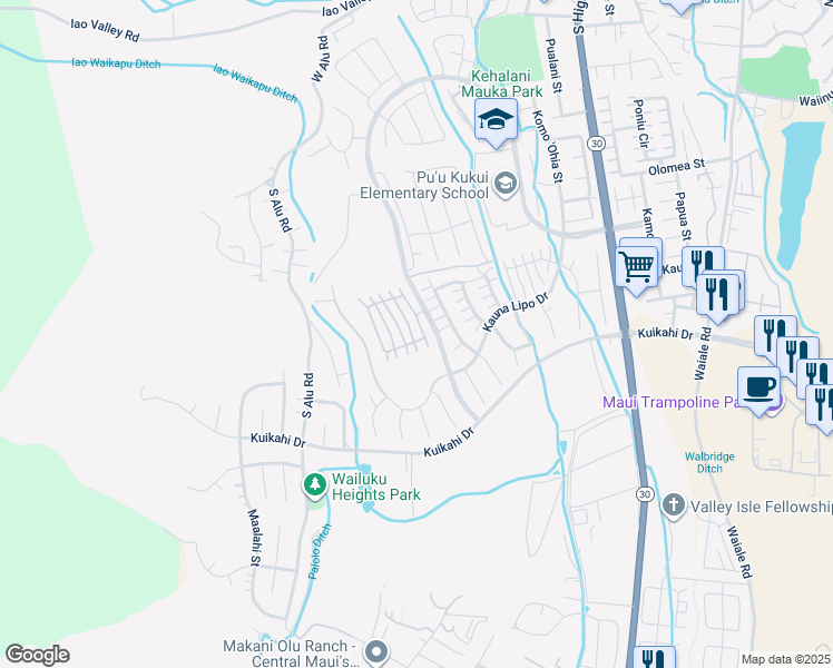 map of restaurants, bars, coffee shops, grocery stores, and more near 49 Kokea Street in Wailuku