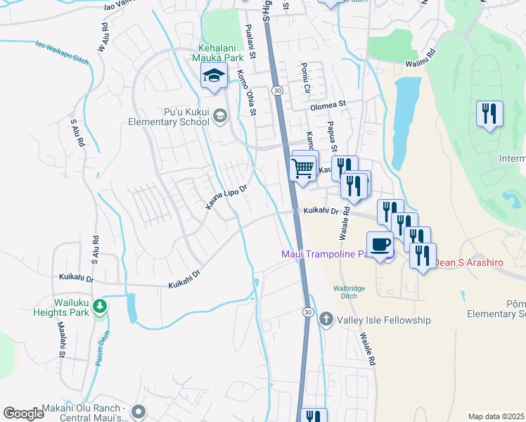 map of restaurants, bars, coffee shops, grocery stores, and more near 84 Maunaleo Place in Wailuku