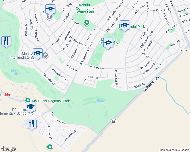 map of restaurants, bars, coffee shops, grocery stores, and more near 148 Hoomoku Street in Kahului