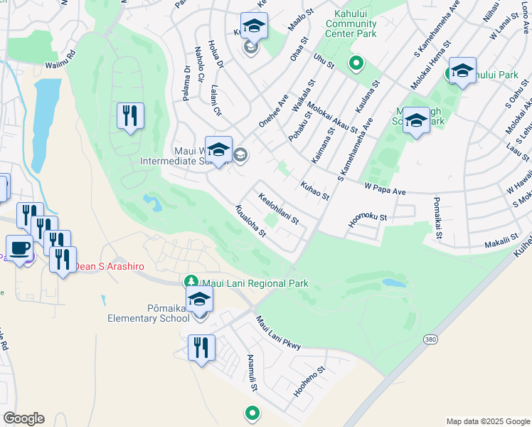 map of restaurants, bars, coffee shops, grocery stores, and more near 55 Kuuhale Place in Kahului