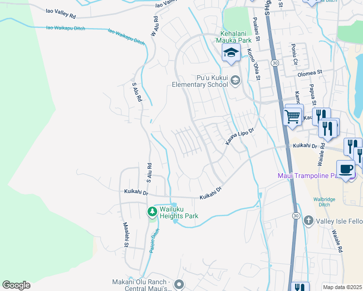 map of restaurants, bars, coffee shops, grocery stores, and more near 66 Awela Circle in Wailuku
