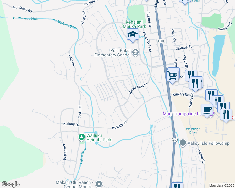 map of restaurants, bars, coffee shops, grocery stores, and more near 326 Maka Hou Loop in Wailuku