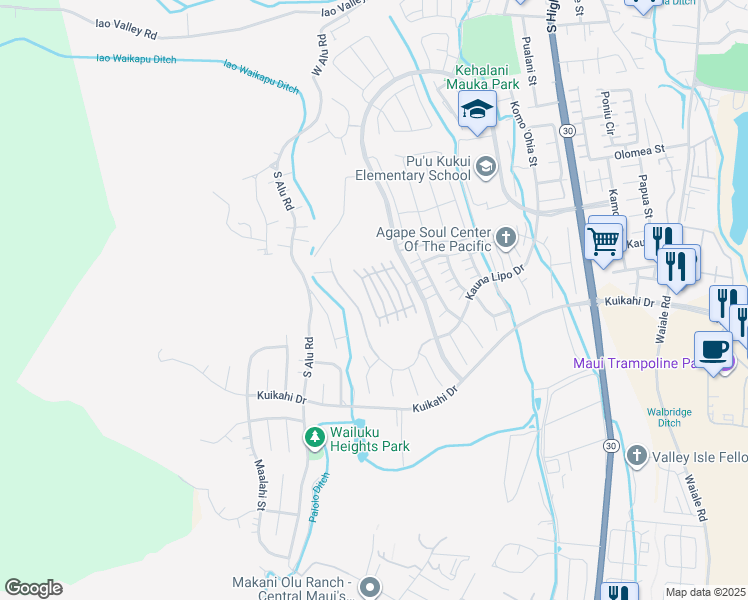 map of restaurants, bars, coffee shops, grocery stores, and more near 66 Awela Circle in Wailuku