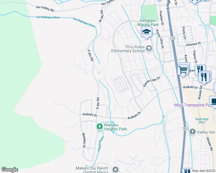 map of restaurants, bars, coffee shops, grocery stores, and more near 613 Kauna Lipo Drive in Wailuku