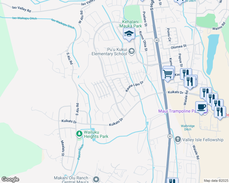 map of restaurants, bars, coffee shops, grocery stores, and more near 326 Maka Hou Loop in Wailuku