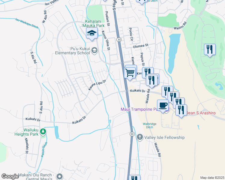 map of restaurants, bars, coffee shops, grocery stores, and more near 80 Maunaleo Place in Wailuku