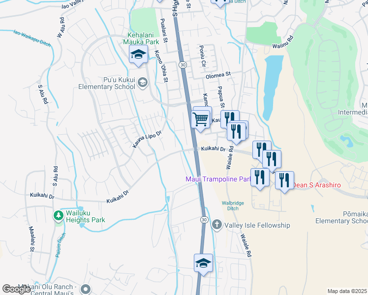 map of restaurants, bars, coffee shops, grocery stores, and more near 104 Hakalani Place in Wailuku