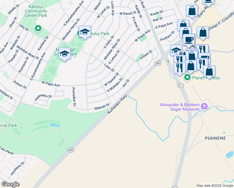 map of restaurants, bars, coffee shops, grocery stores, and more near 309 Ani Street in Kahului
