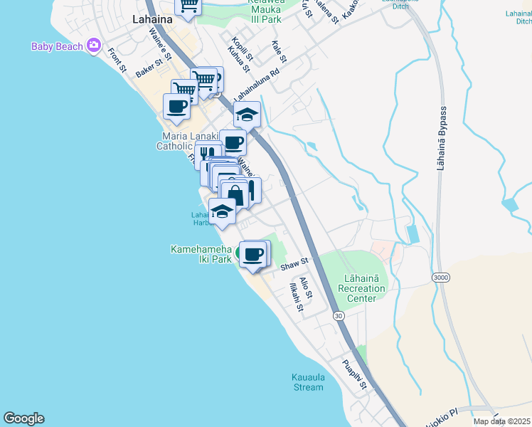 map of restaurants, bars, coffee shops, grocery stores, and more near 176 Prison Street in Lahaina