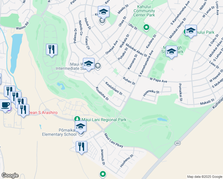 map of restaurants, bars, coffee shops, grocery stores, and more near 99 Kealohilani Street in Kahului
