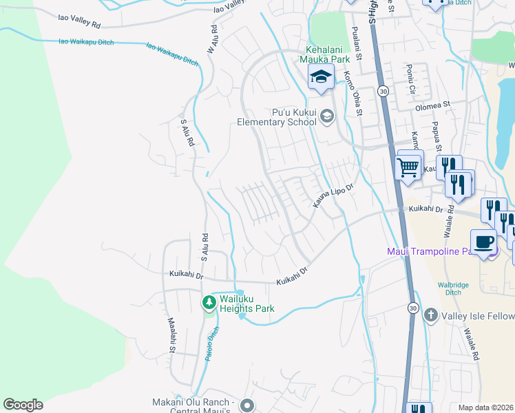 map of restaurants, bars, coffee shops, grocery stores, and more near 45 Laukona Street in Wailuku