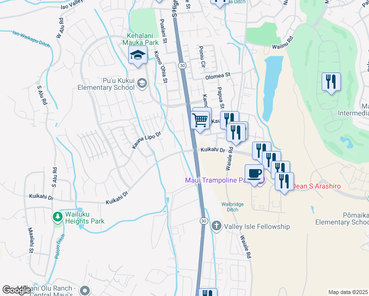 map of restaurants, bars, coffee shops, grocery stores, and more near 104 Hakalani Place in Wailuku
