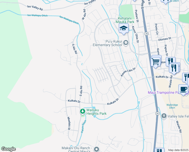 map of restaurants, bars, coffee shops, grocery stores, and more near 598 Kauna Lipo Drive in Wailuku