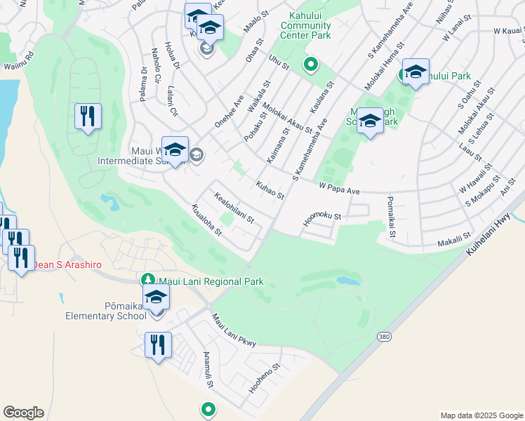 map of restaurants, bars, coffee shops, grocery stores, and more near 361 Kuualoha Street in Kahului