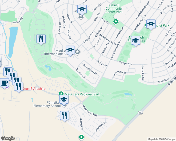 map of restaurants, bars, coffee shops, grocery stores, and more near 99 Kealohilani Street in Kahului