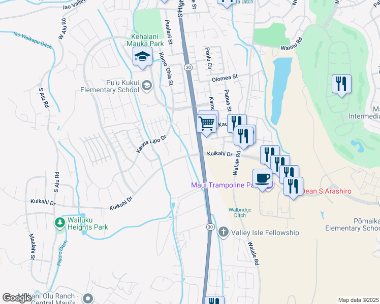 map of restaurants, bars, coffee shops, grocery stores, and more near 104 Hakalani Place in Wailuku