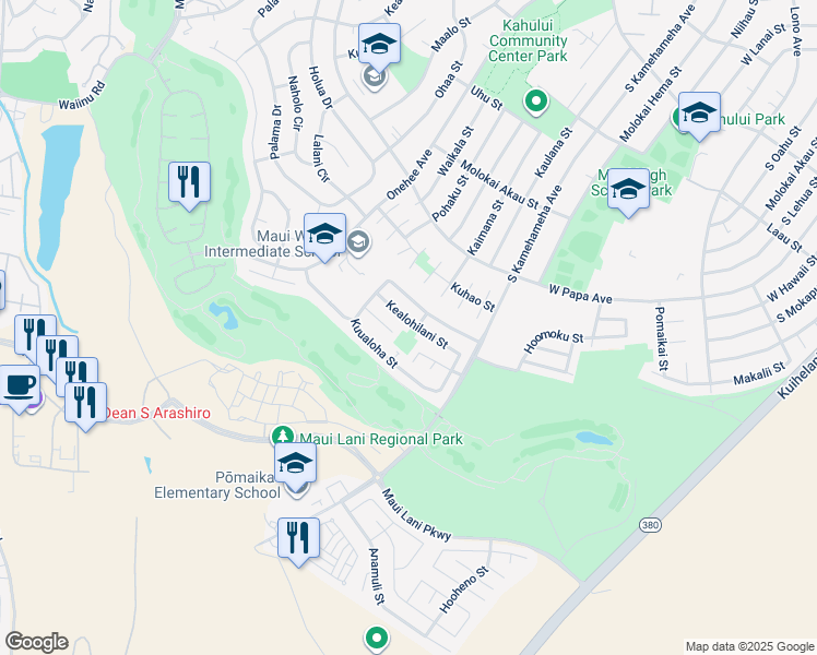 map of restaurants, bars, coffee shops, grocery stores, and more near 99 Kealohilani Street in Kahului