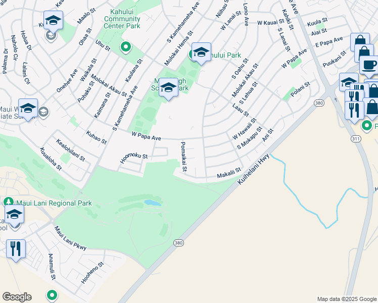 map of restaurants, bars, coffee shops, grocery stores, and more near 457 Kipuka Place in Kahului