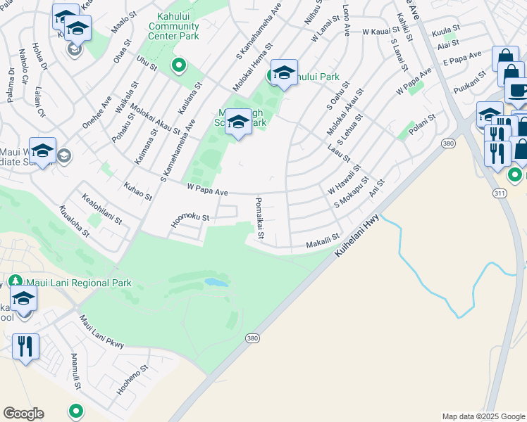 map of restaurants, bars, coffee shops, grocery stores, and more near 747 Pomaikai Street in Kahului
