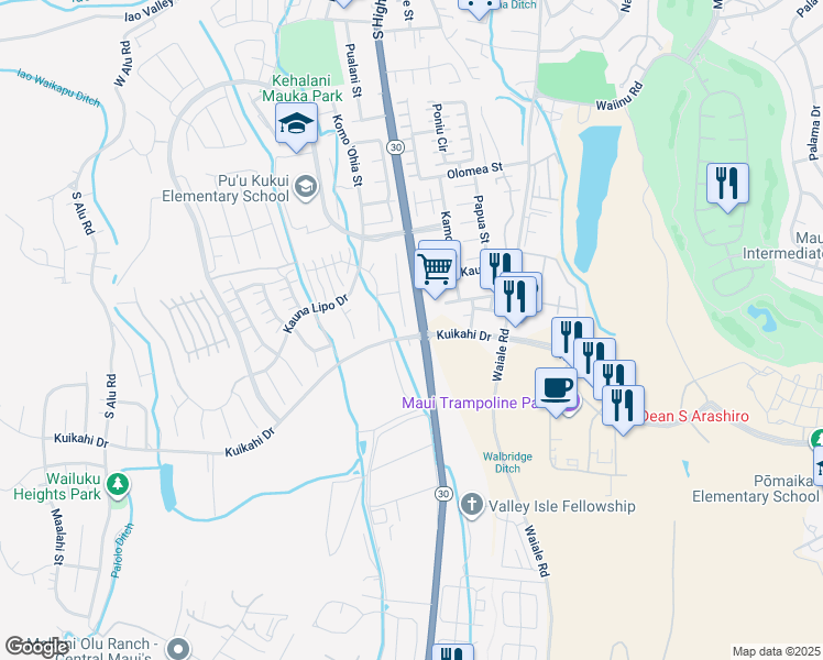 map of restaurants, bars, coffee shops, grocery stores, and more near 103 Hakalani Place in Wailuku