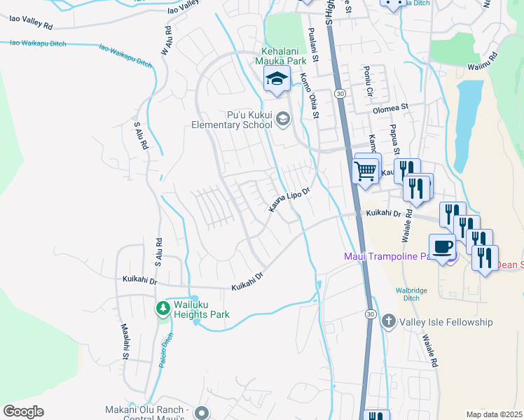 map of restaurants, bars, coffee shops, grocery stores, and more near 114 Kinohi Loa Street in Wailuku