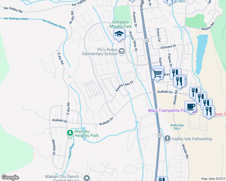 map of restaurants, bars, coffee shops, grocery stores, and more near 114 Kinohi Loa Street in Wailuku