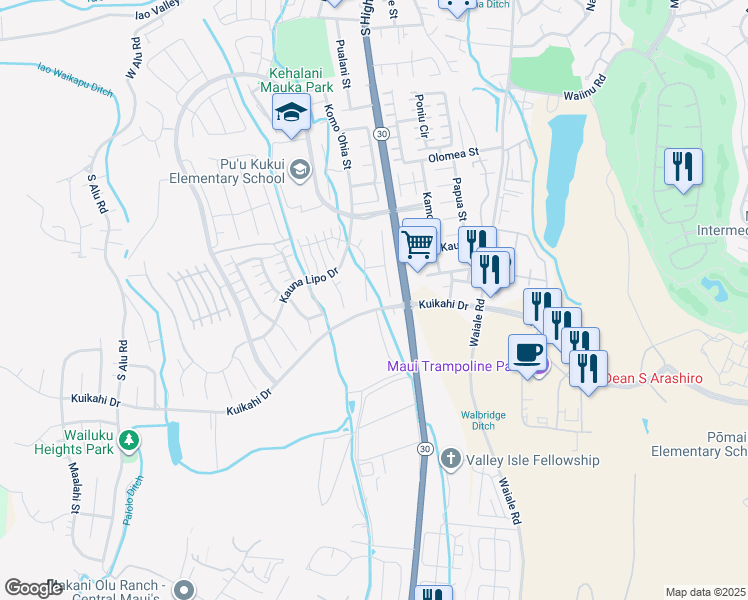 map of restaurants, bars, coffee shops, grocery stores, and more near 81 Maunaleo Place in Wailuku