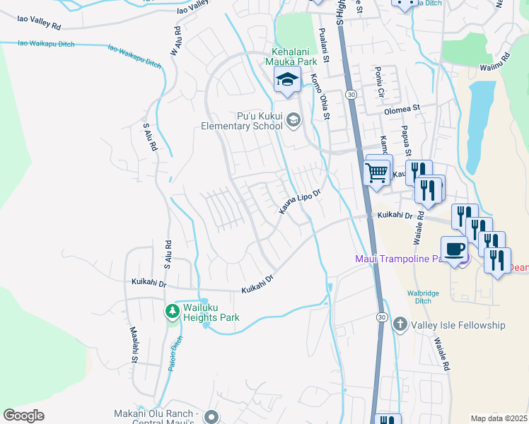 map of restaurants, bars, coffee shops, grocery stores, and more near 339 Maka Hou Loop in Wailuku