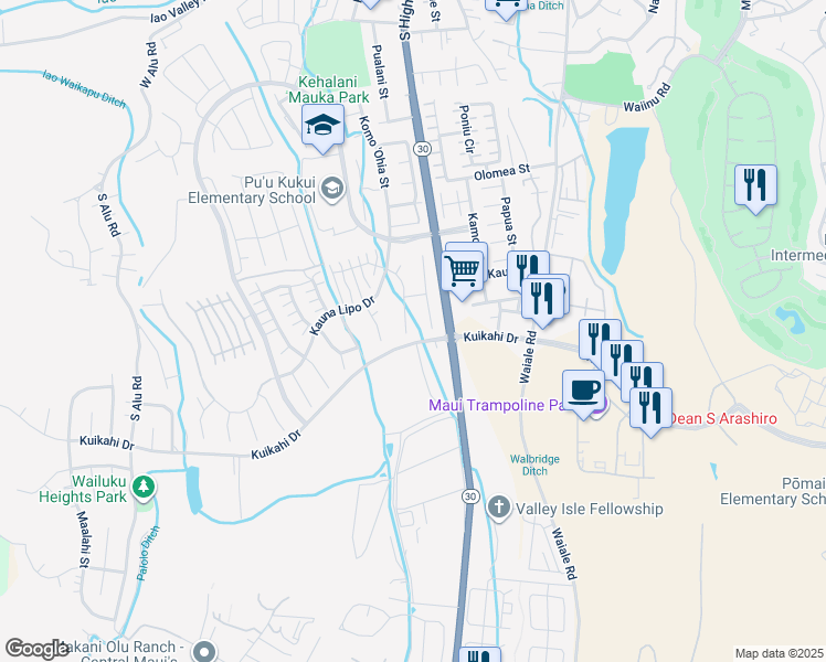 map of restaurants, bars, coffee shops, grocery stores, and more near 81 Maunaleo Place in Wailuku