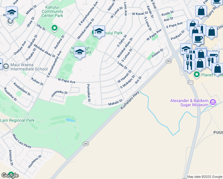 map of restaurants, bars, coffee shops, grocery stores, and more near 384 South Mokapu Street in Kahului