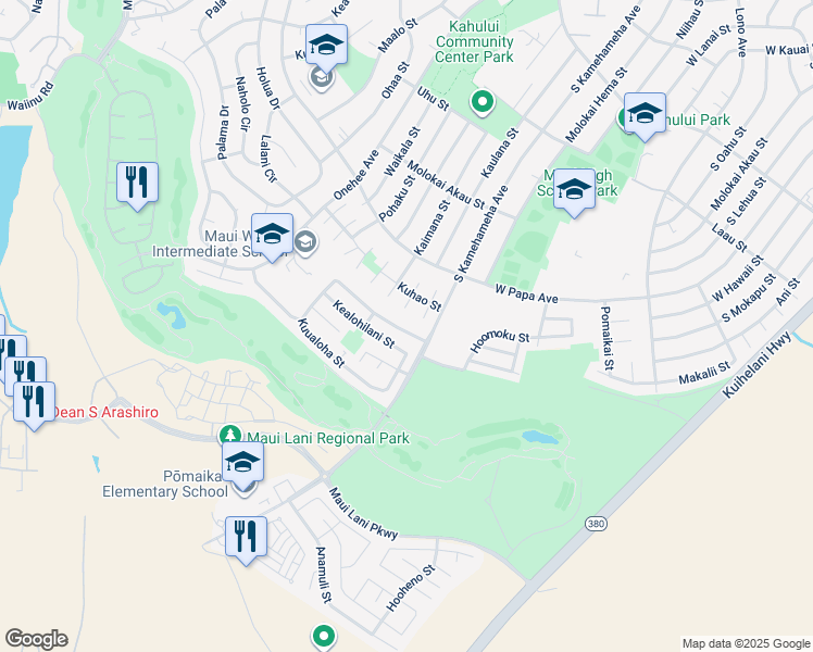 map of restaurants, bars, coffee shops, grocery stores, and more near 351 Kuualoha Street in Kahului
