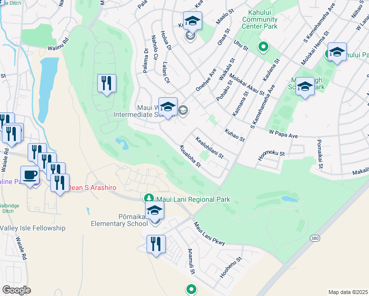 map of restaurants, bars, coffee shops, grocery stores, and more near 168 Kuualoha Street in Kahului