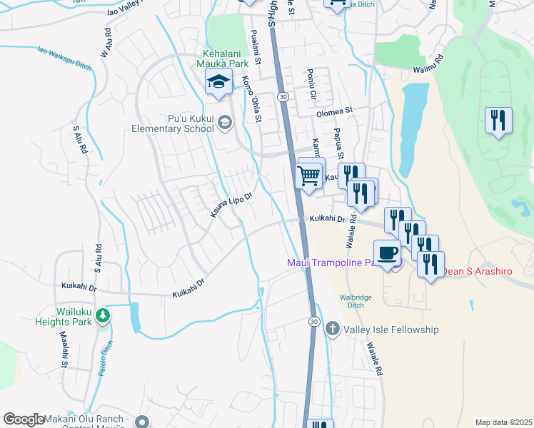 map of restaurants, bars, coffee shops, grocery stores, and more near 74 Maunaleo Place in Wailuku