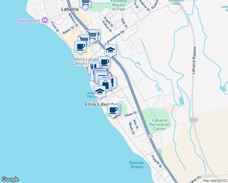 map of restaurants, bars, coffee shops, grocery stores, and more near 604 Luakini Street in Lahaina