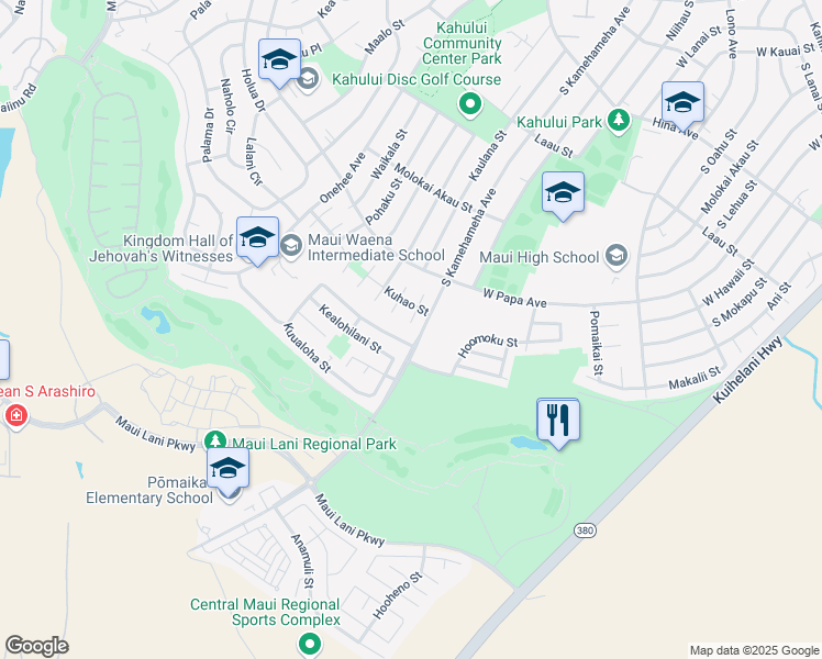 map of restaurants, bars, coffee shops, grocery stores, and more near 381 Kuualoha Street in Kahului